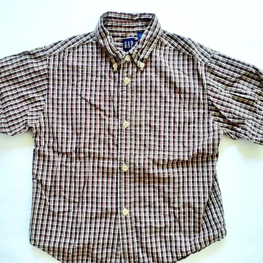 Gap Boys Shirt Button Down Red Tan Green Plaid Short Sleeve XS